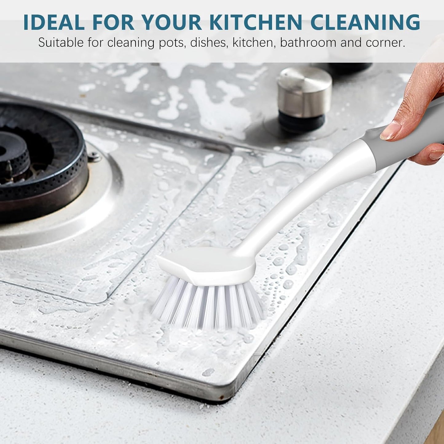 SetSail Dish Brush Set of 3 Piece, Dish Scrub Brush with Long Handle Deep Cleaning Brush with Scraper Tip for Kitchen Dishes Bottle Cup Pot Pan, Grey