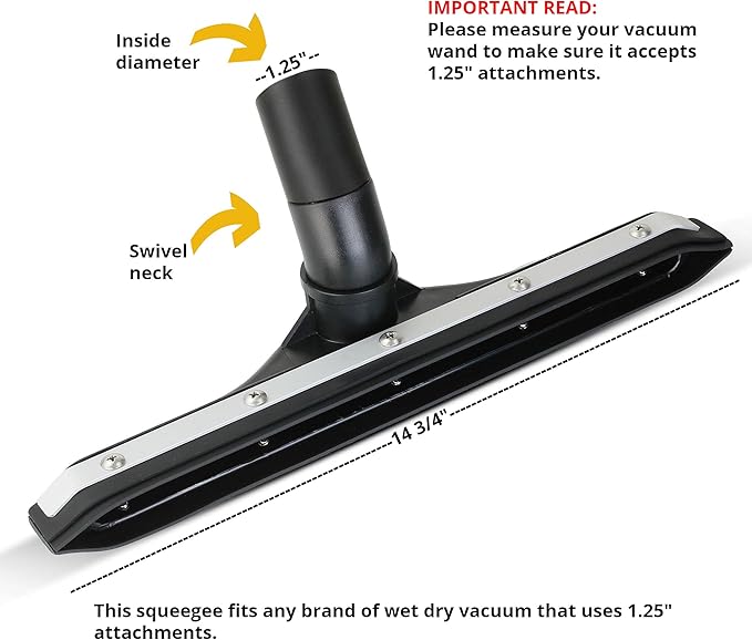 Wet Vac Squeegee Floor Attachment 15” Heavy Duty Commercial Wet Dry Vacuum Accessories for Shop Vac, Craftsman, Tennant Industrial, Rigid, Vacmaster and other 1 1/4” 1-1/2" 2-1/2"