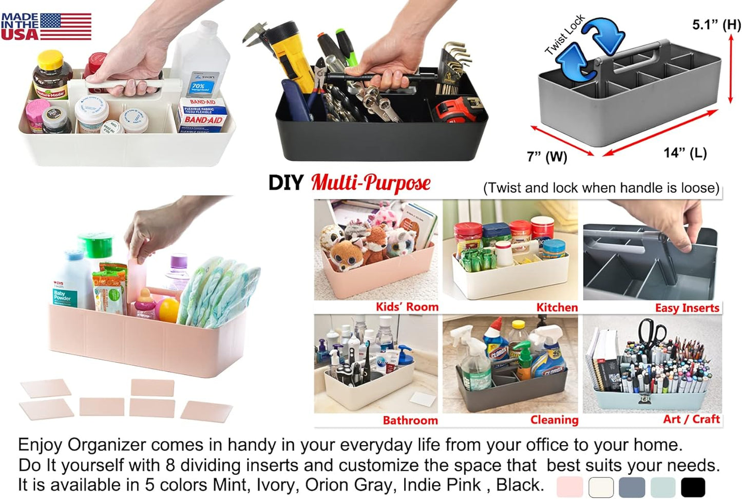 2 PACK Portable DIY 8 Dividers Durable Plastic Tote Tool & Supply Cleaning Caddy with Handle Made In USA (Lavender)