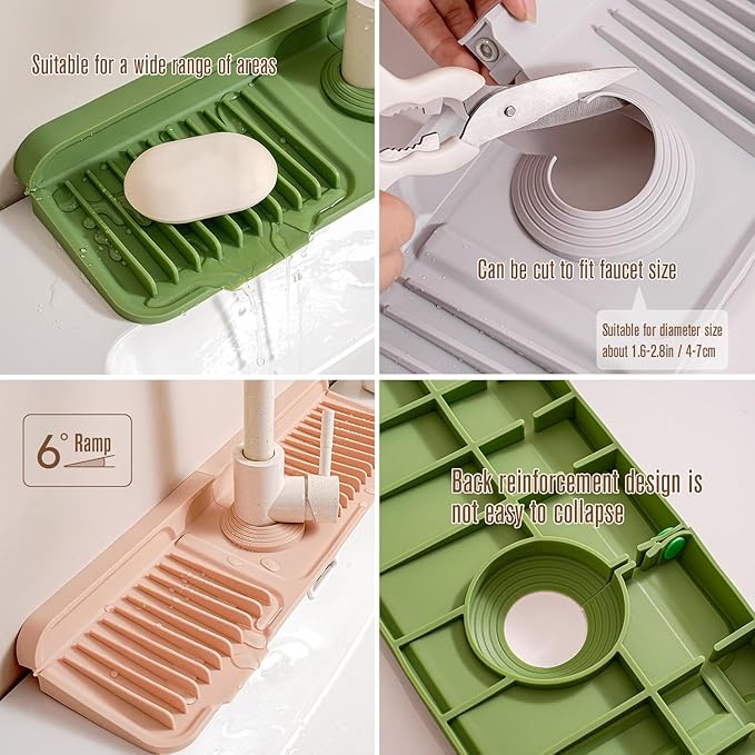 Longer Silicone Faucet Mat for Kitchen Sink – Button Style Faucet Drip Catcher & Leak-Proof Sink Splash Guard with 6° Slope, Behind Faucet Draining Mat,Gadgets for Bathroom (green, large)