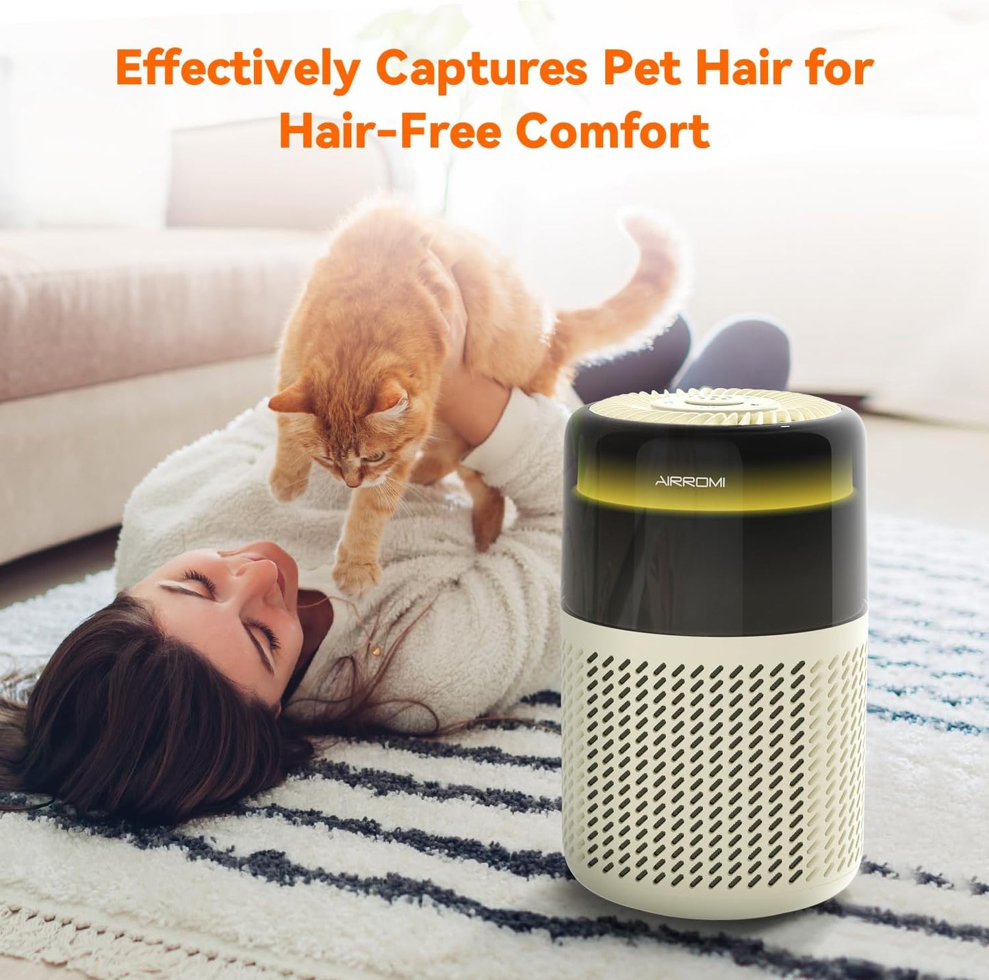 AIRROMI Air Purifier for Bedroom Home,HEPA Filter,Covers Upto 549 Ft²,Quiet 360°intake Air Cleaner with Fragrance ponge for Better Sleep,Night Light,Filters Smoke,Pet Dander,Allergies,Dust,A2005Yellow