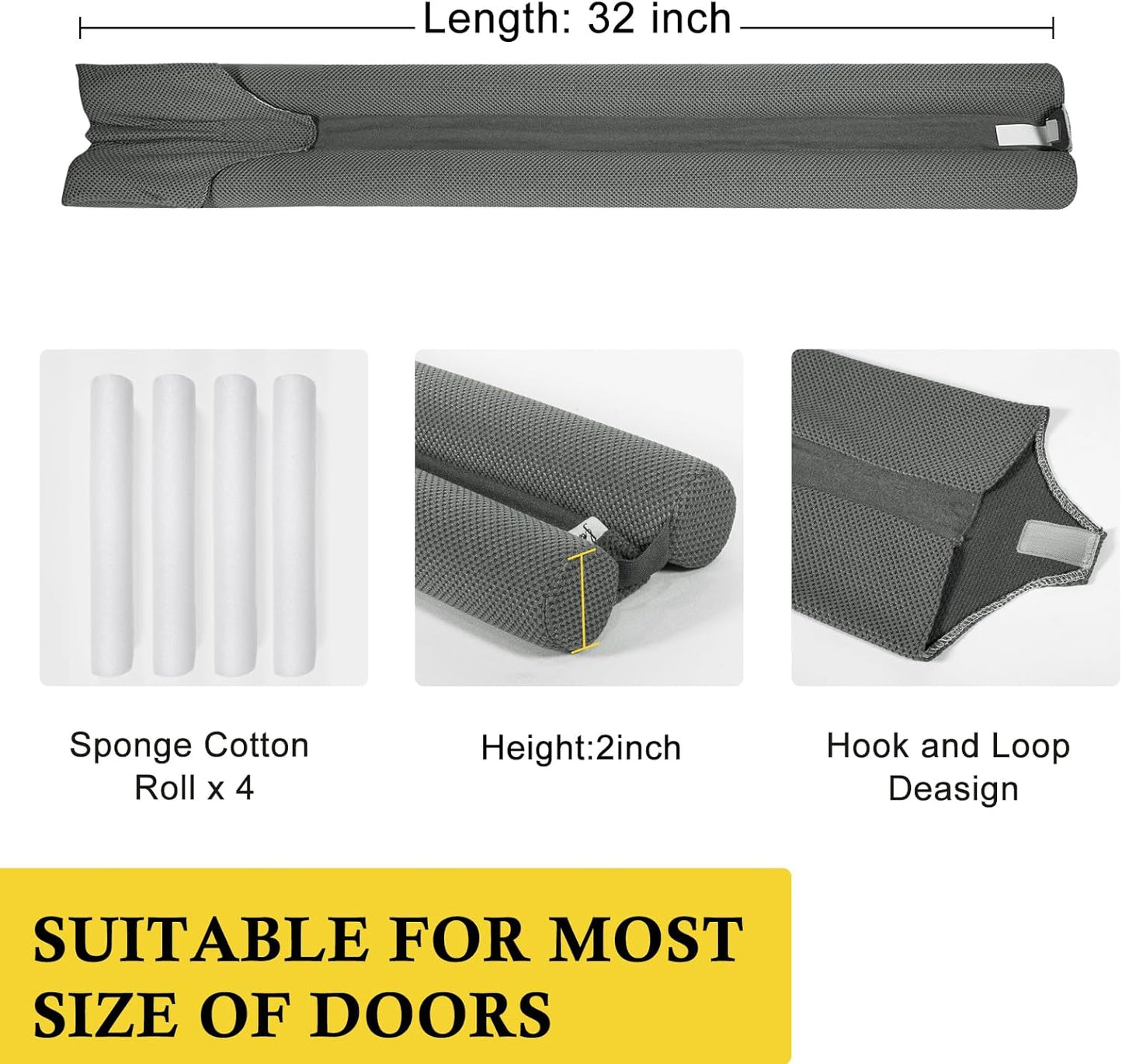 fowong Under Door Draft Stopper 32 Inch Adjustable Draft Stopper for Bottom of Door, Soundproof Window Breeze Blocker, Grey
