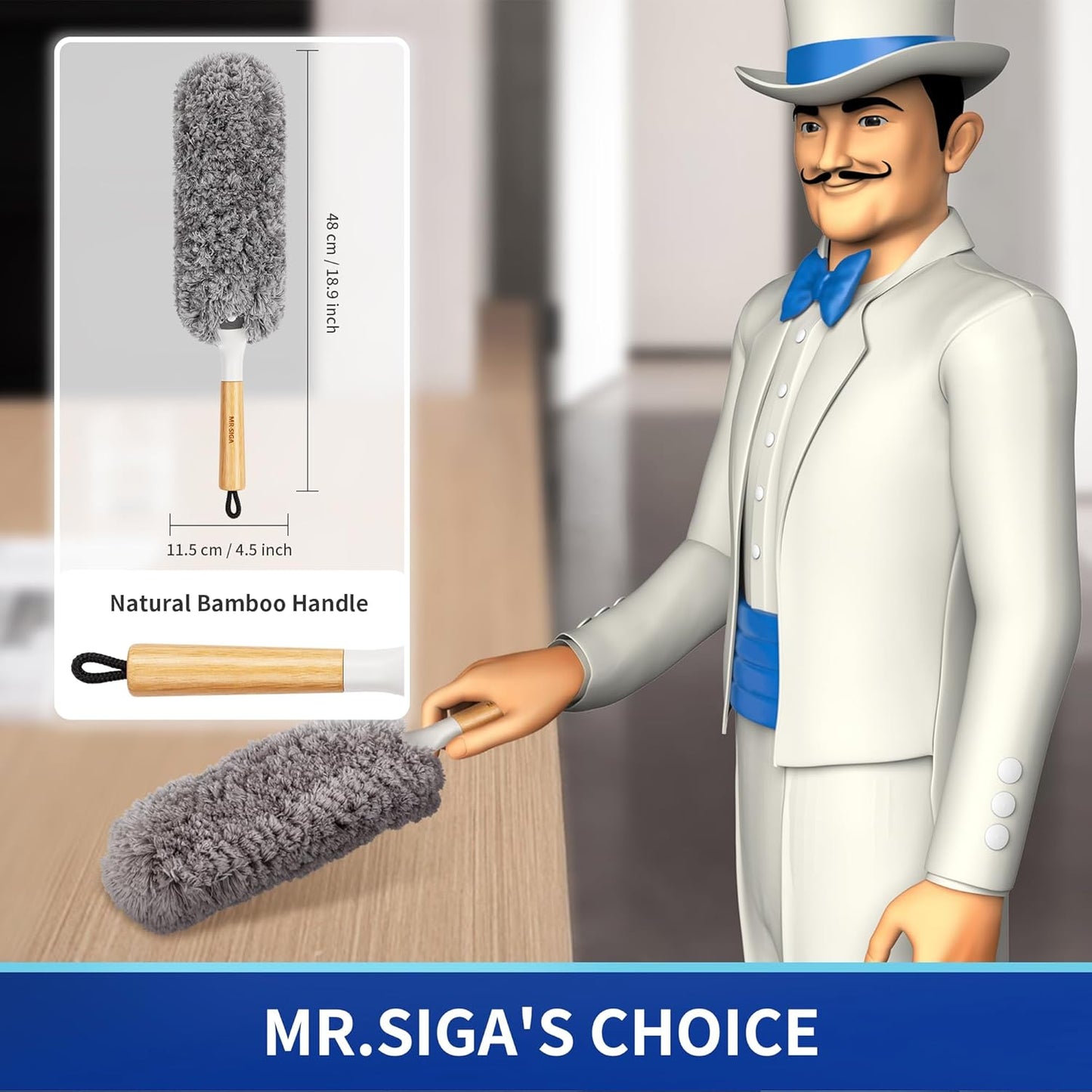 MR.SIGA Lint Free Microfiber Duster, Washable and Reusable Duster with Bamboo Handle and Replaceable Head, Duster for Household Cleaning