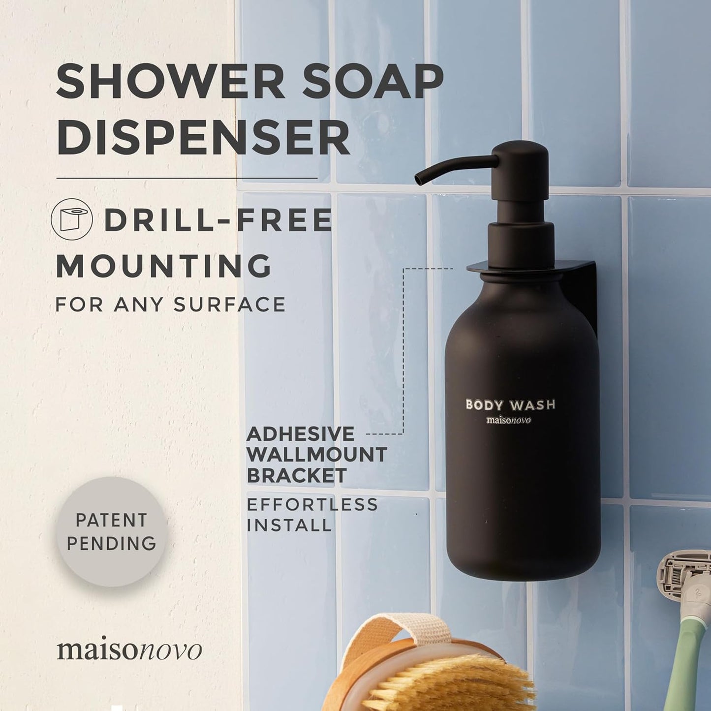 MaisoNovo Shampoo and Conditioner Dispenser - Shower Soap Dispenser Wall Mounted - 16.9 fl oz Set of 1 Black Plastic Bottles Black Pump - 1 Chamber No Drill