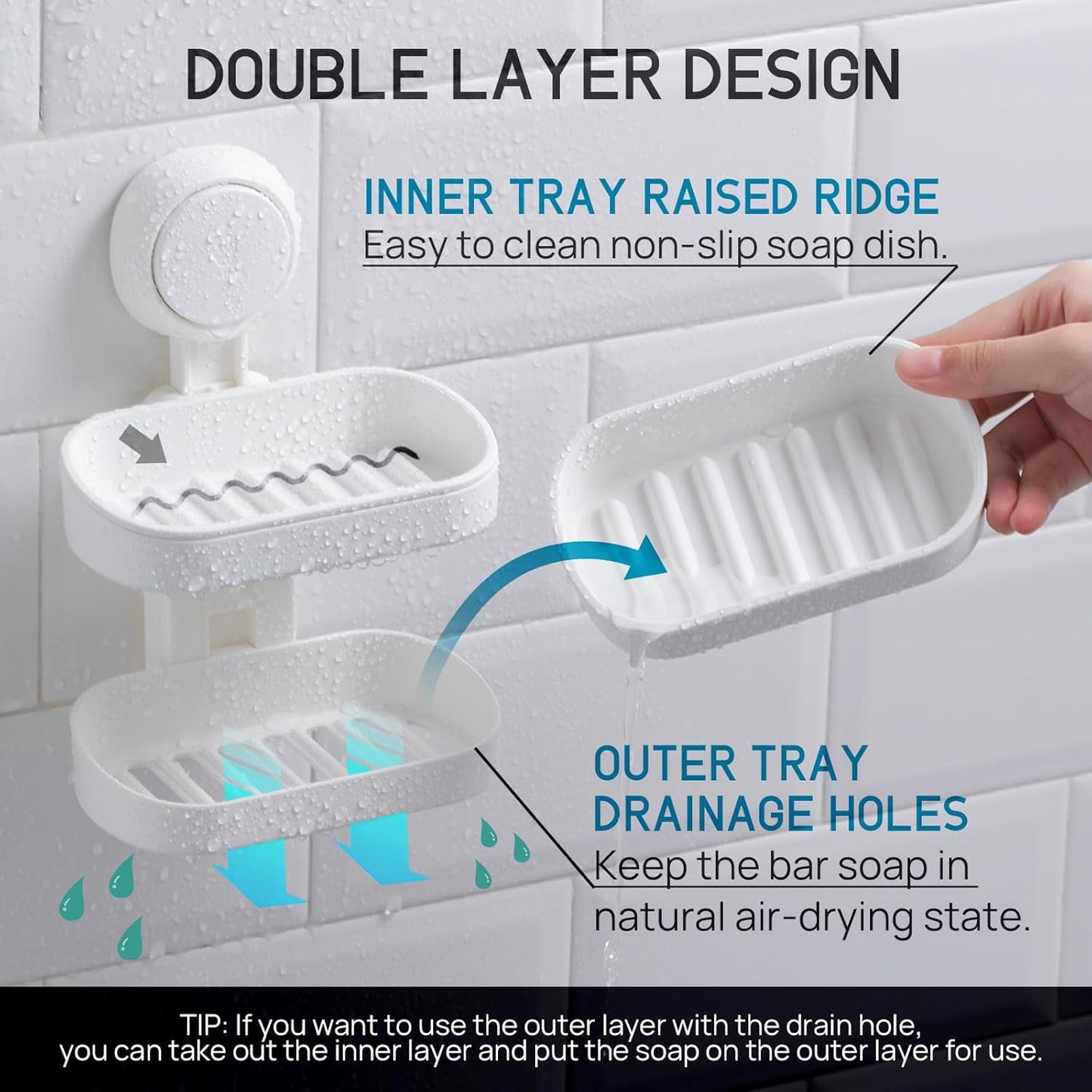 LEVERLOC Soap Dish Holder for Shower Double Layer Suction Cup Wall Mounted NO-Drilling Self Draining Removable Waterproof Strong Suction Bar Soap Sponge Holder for Shower Bathroom Bathtub Kitchen