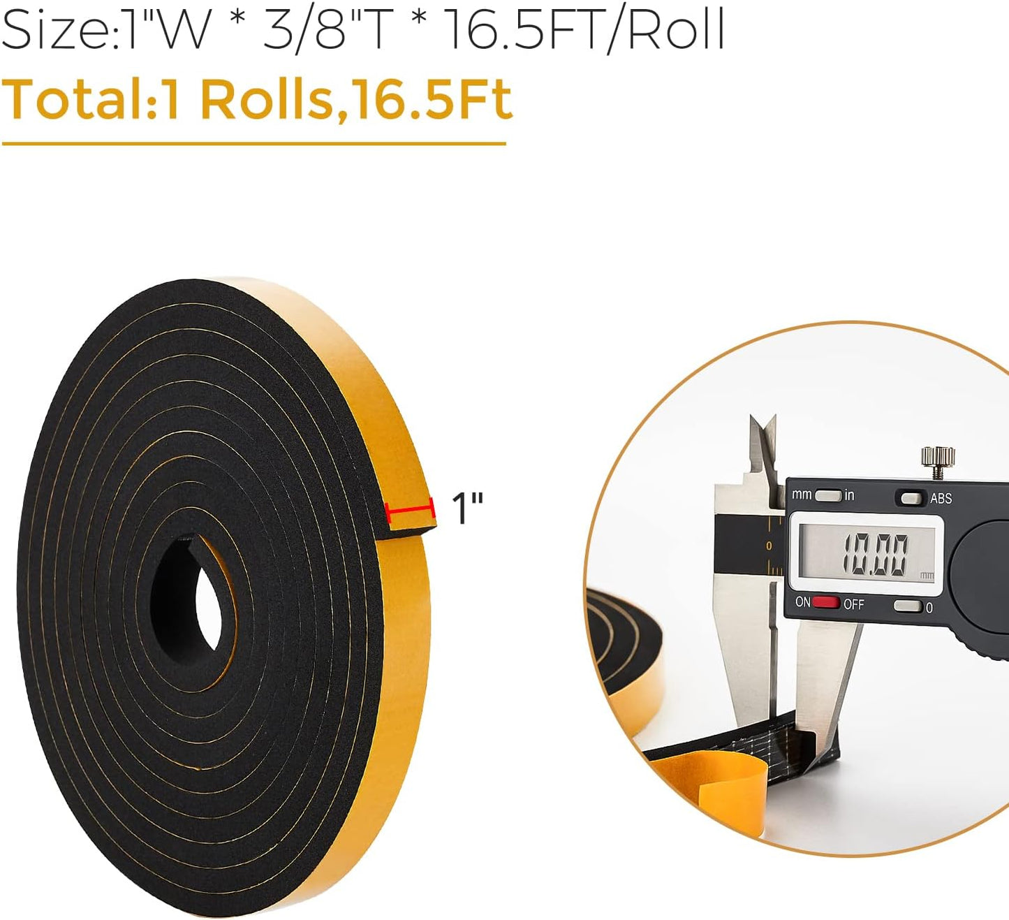 16.5 Feet Weather Stripping Door Seal, 1" Wide X 3/8" Thick Door Seal Strip High Density Foam Tape Adhesive Strip for Door Soundproofing,Window Insulation (1" x 3/8" x 16.5FT,Black)