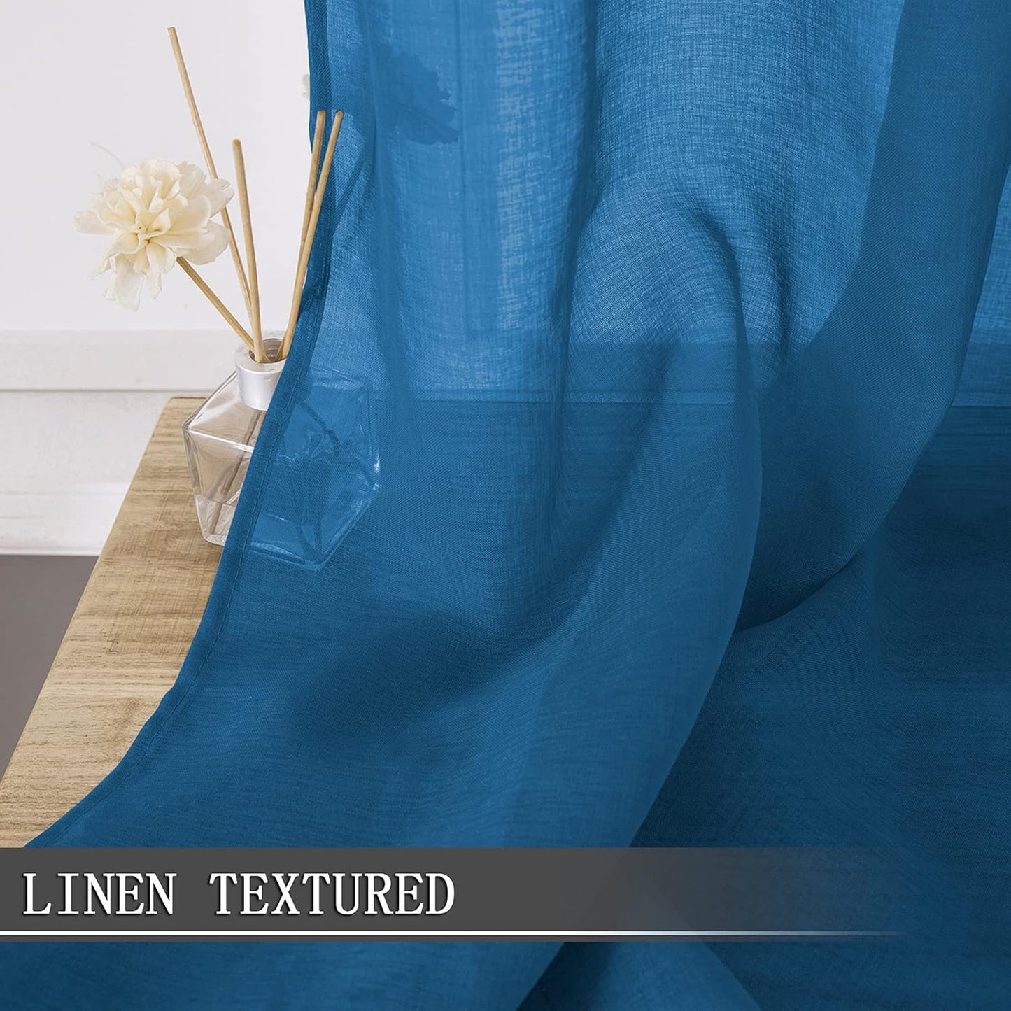 Tollpiz Sheer Curtains Bedroom Linen Textured Curtain Sheers Light Filtering Voile Rod Pocket Curtains for Living Room, 38 x 84 inches Long, Classic Blue, Set of 2 Panels