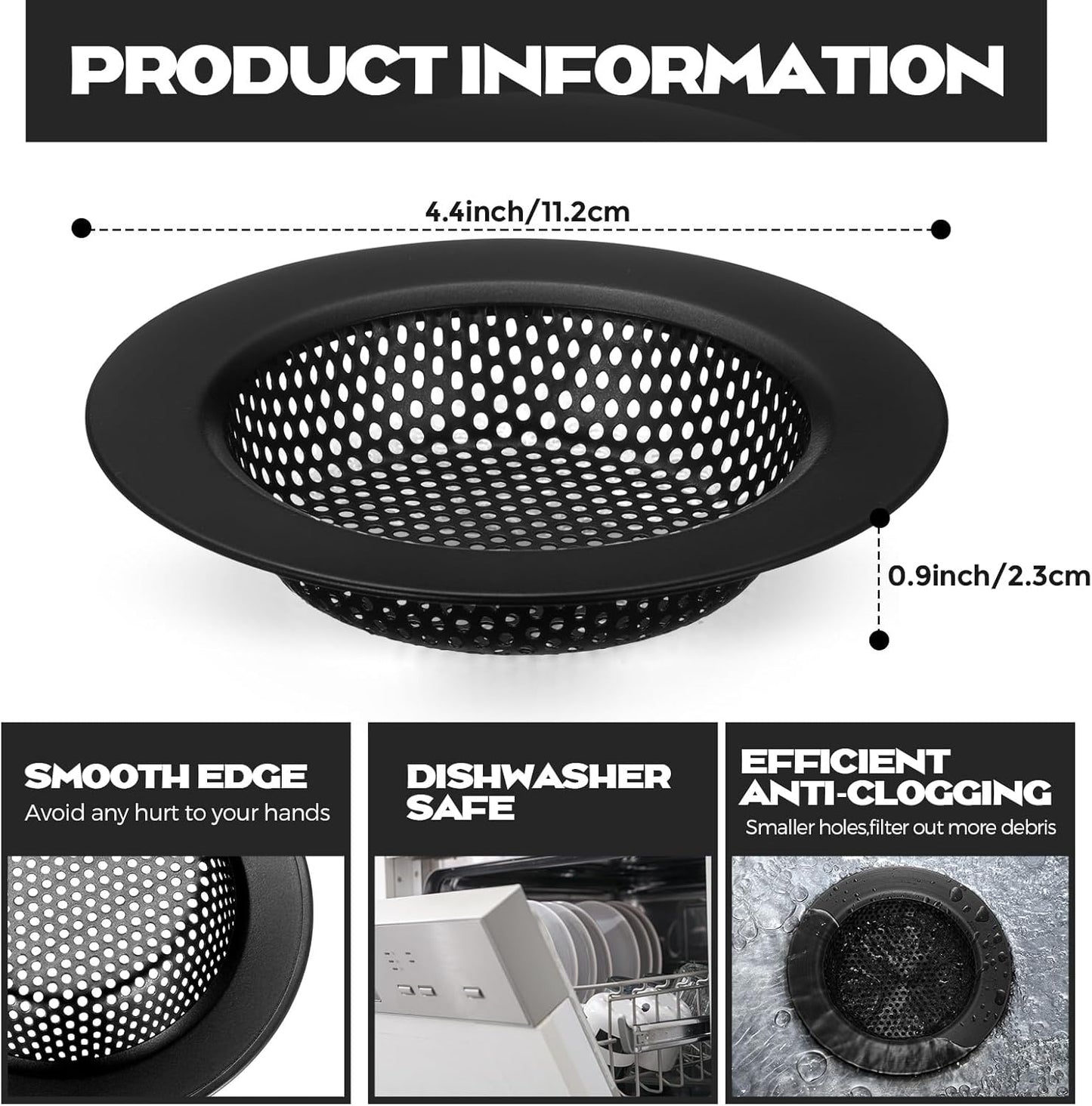 Retisee 2 Pcs Sink Strainer Stainless Steel Kitchen Sink Drain Strainer Basket Cover Mesh Hair Food Catcher, Large Wide Rim of 4.4 Diameter(Matte Black)