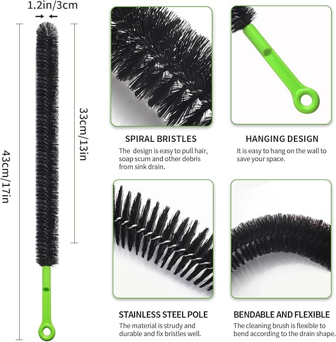 17” Pipe Cleaner, Cleaning Brush, Shower Cleaner Brush, Sink Drain Cleaner, Shower Drain Cleaner, Shower Brush For Cleaning, Dryer Vent Brush, Long Bottle Brush, Hair Drain Clog Remover, Bathtub Brush