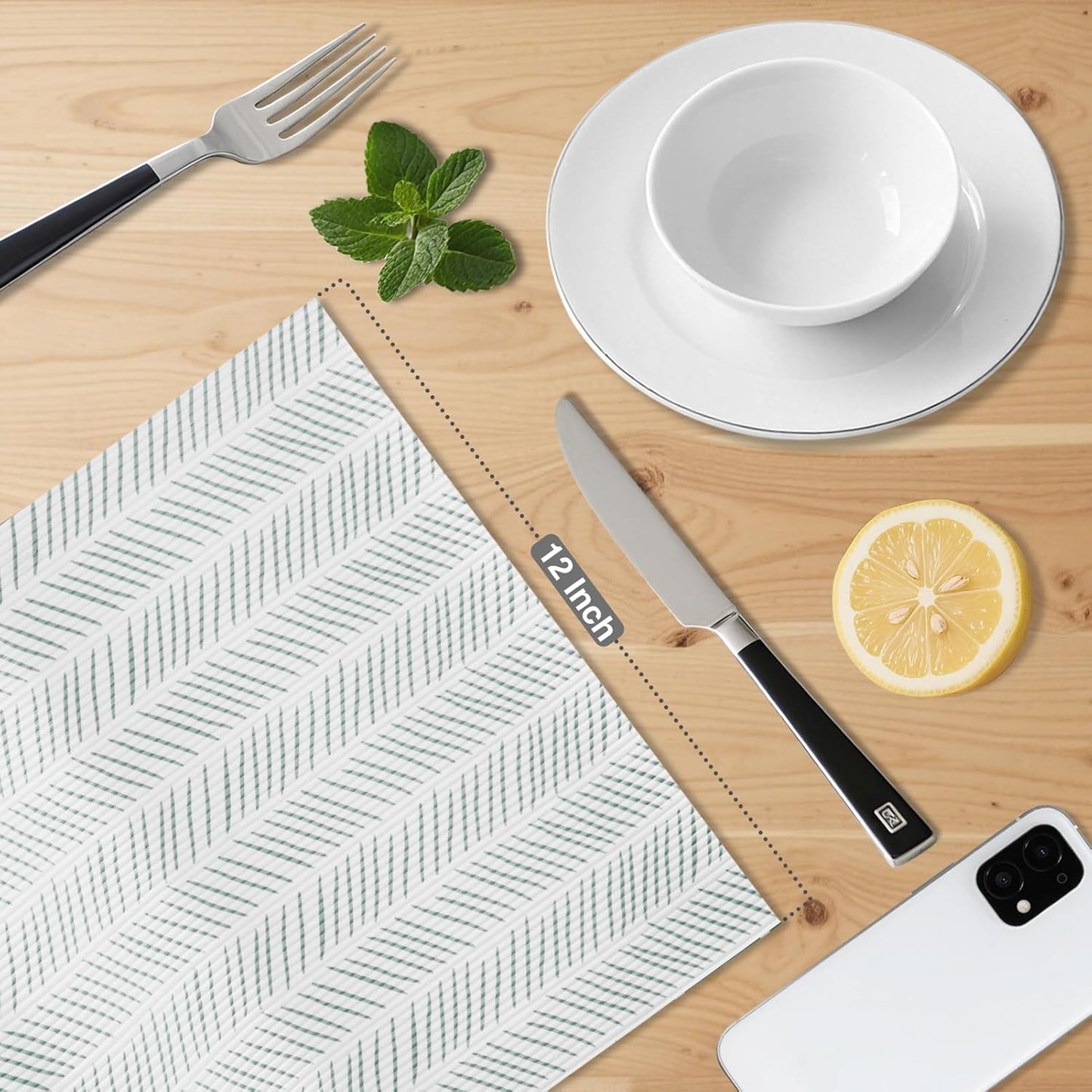 Glotoch Shelf Liners for Kitchen Cabinets Non-Adhesive,12in x 20FT Non Slip Shelf Liner Waterproof Contact Paper for Cabinets and Drawers,Pantry, EVA Wire Shelf Liners,White and Green Herringbone