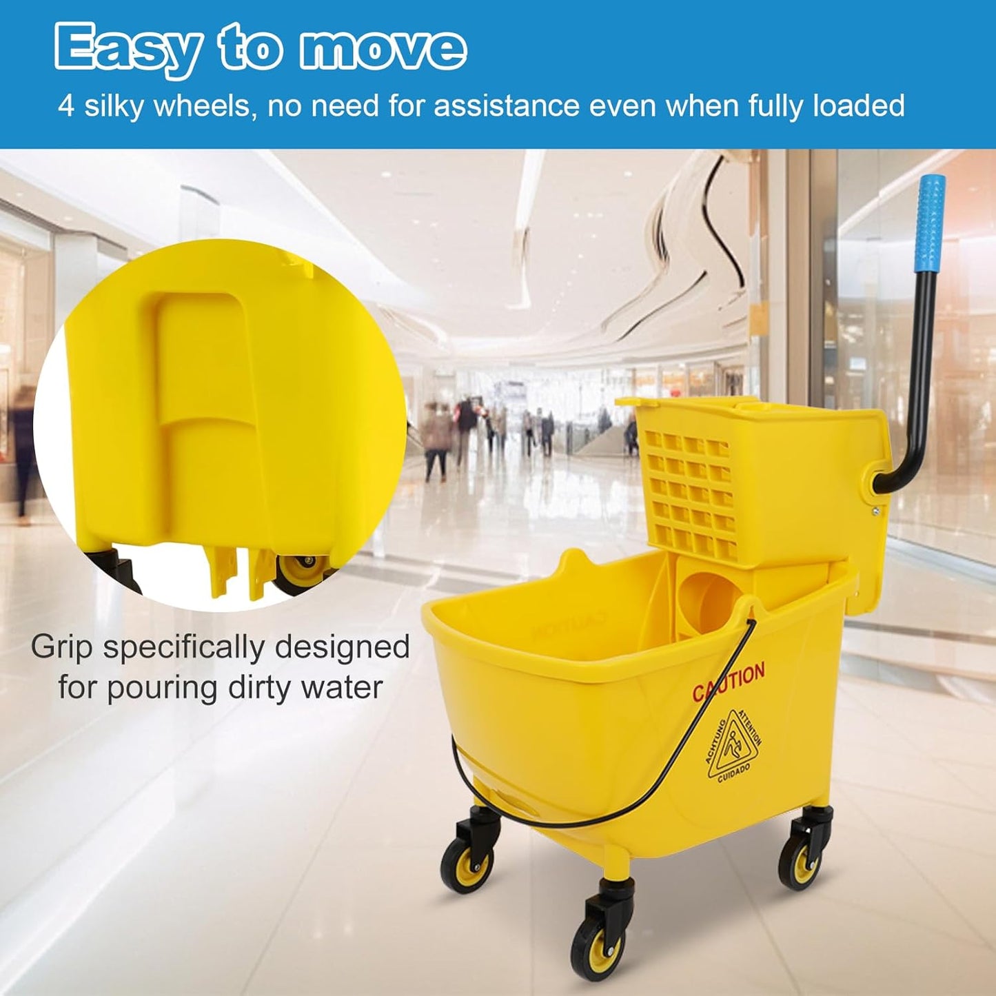35 Qt Commercial Mop Bucket with Side Press Wringer on Wheels and Mops Set for Floor Cleaning, Industrial Mop and Bucket Set for Home, Restaurant, Shopping Mall,Yellow