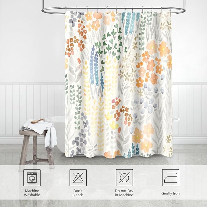 Small Stall Shower Curtain 36 x 72 Inch, Half Narrow Cute Floral Shower Curtain for Bathroom, Orange Wildflower Boho Cottagecore Fabric Shower Curtain Set with Hooks