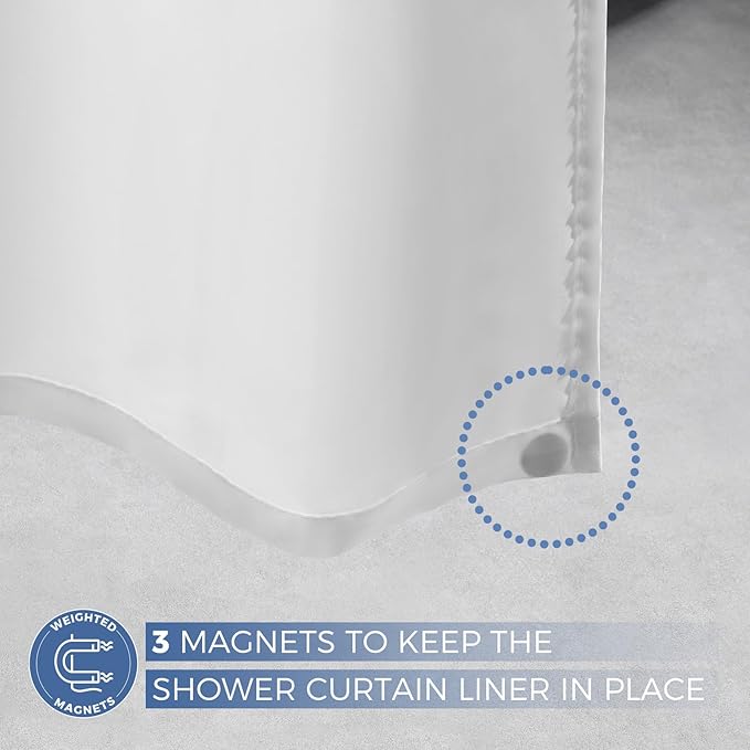 downluxe Waterproof Fabric Shower Curtain Liner, Soft Cloth Shower Liner with 3 Magnets, Machine Washable & Hotel Quality Bathroom Curtain, 70" W x 72" L, White