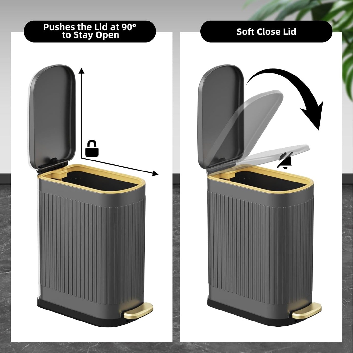 2.6 Gallon Slim Bathroom Trash Can with Soft Close Lid, 10L Stainless Steel Garbage Can with Removable Liner Bucket, for Narrow Spaces, Bathroom, Bedroom (Gray)