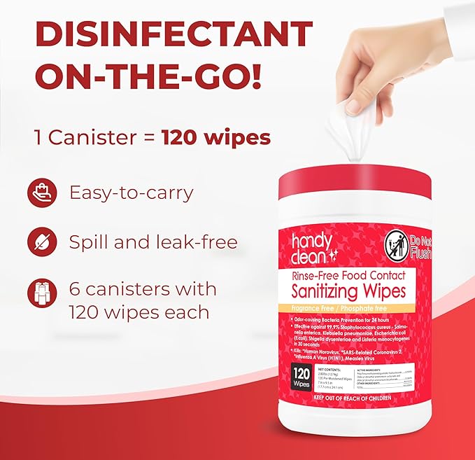 HandyClean Rinse-Free Food Contact Sanitizing Wipes Canister, Multi Surface Cleaning Wipes Cleaning Supplies for Kitchen and Professional Setting 6-Pack (120 Wipes Each)