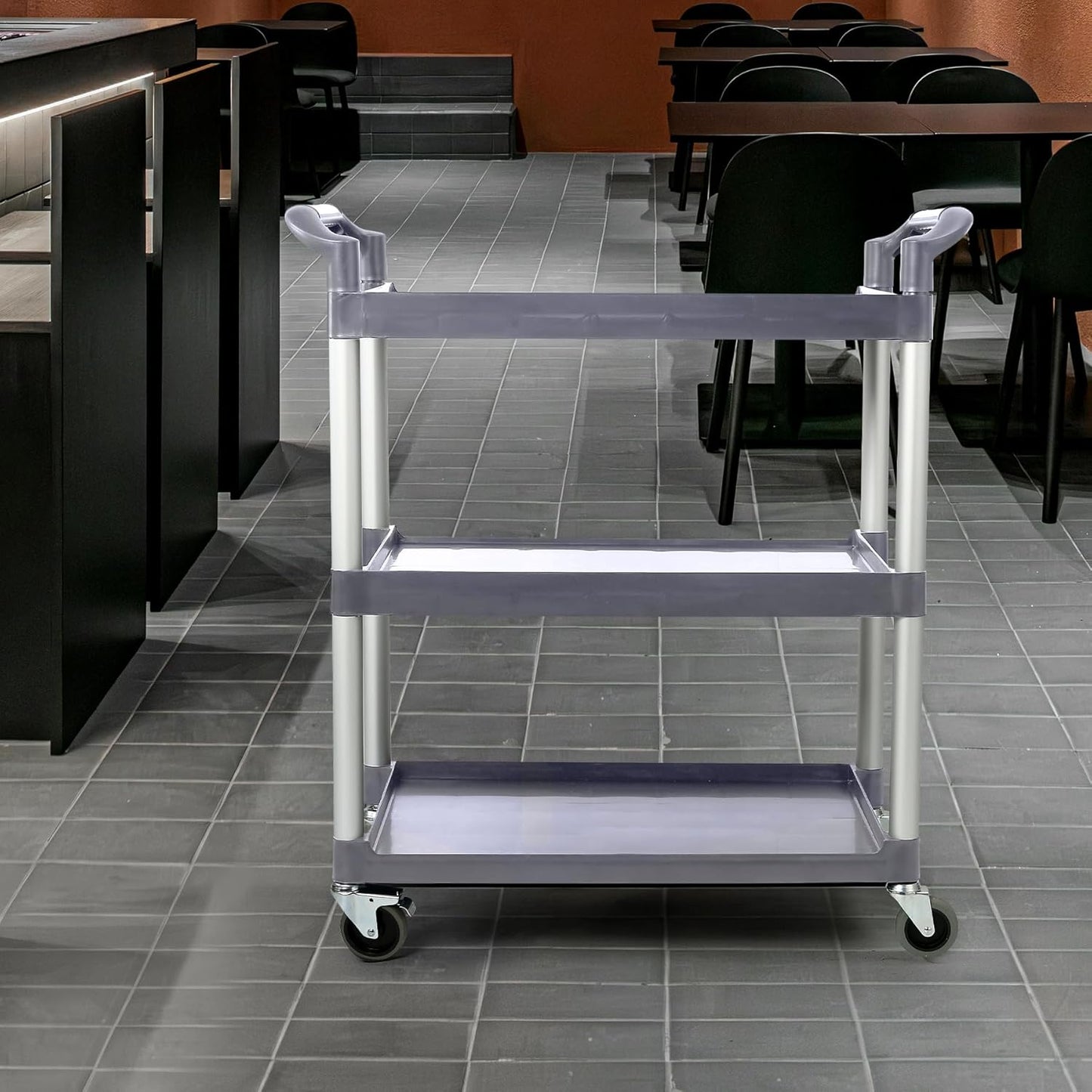 3-Tier Utility Rolling Cart with Wheels, Durable Catering carts with Wheels, Rolling Storage Cart for Hotel Canteen Resturant Office (Grey, 37" L x 16.54” W x 31.5" H) (Gray, 31.4"D x 16.5"W x 37.7"H)