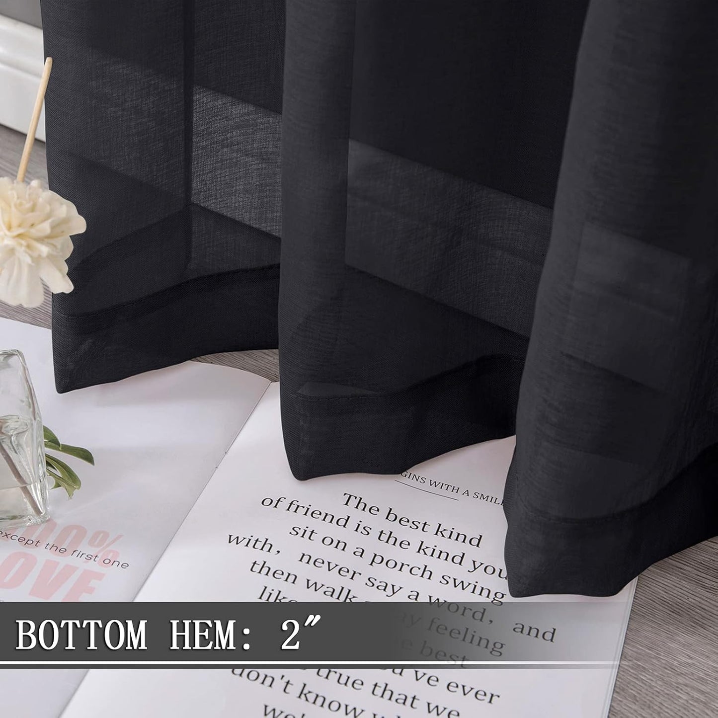 Tollpiz Sheer Curtains Linen Textured Bedroom Curtain Sheers Light Filtering Rod Pocket Voile Curtains for Living Room, 54 x 63 inches Long, Black, Set of 2 Panels