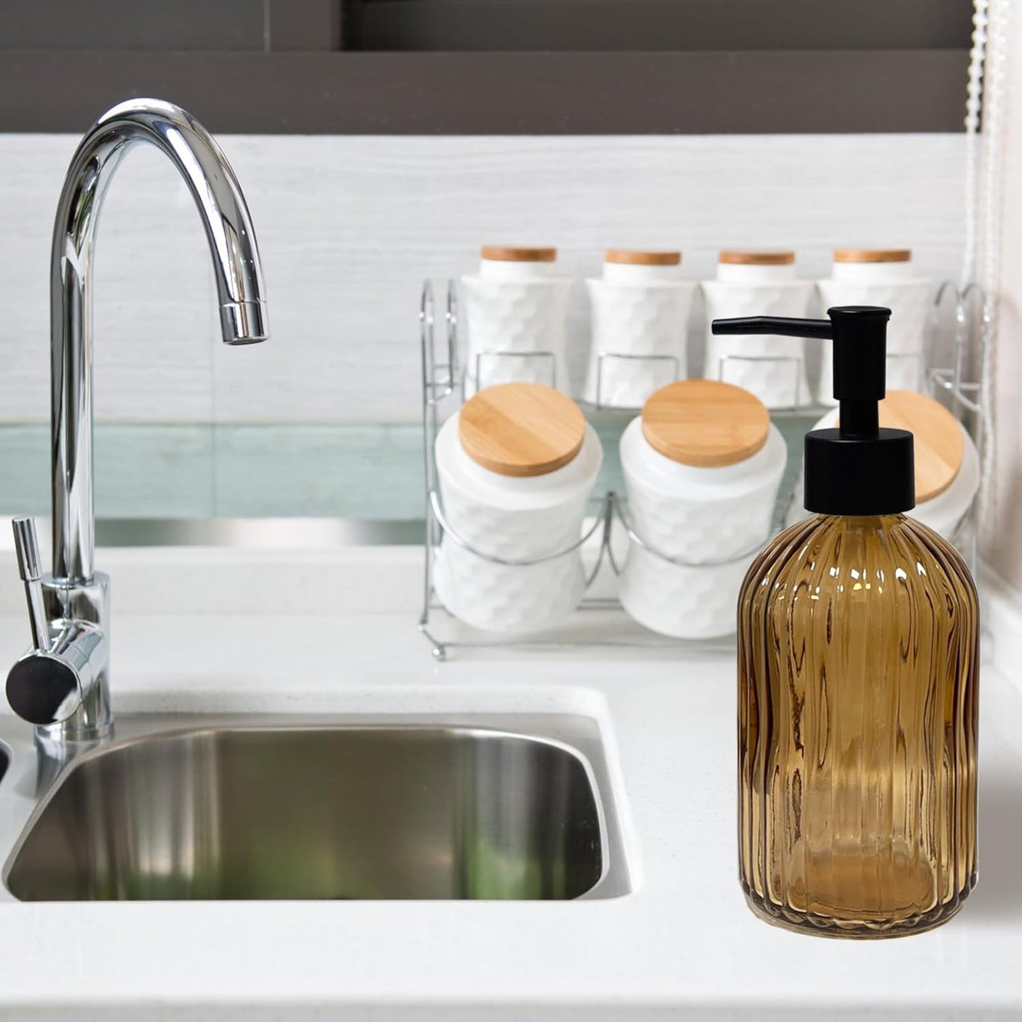 Black Pump Glass Soap Dispenser, 13.5oz Brown Stripe Countertop Refillable Liquid Bottle Hand Dish Lotion Dispenser with Plastic Pump, for Kitchen, Bathroom Countertop