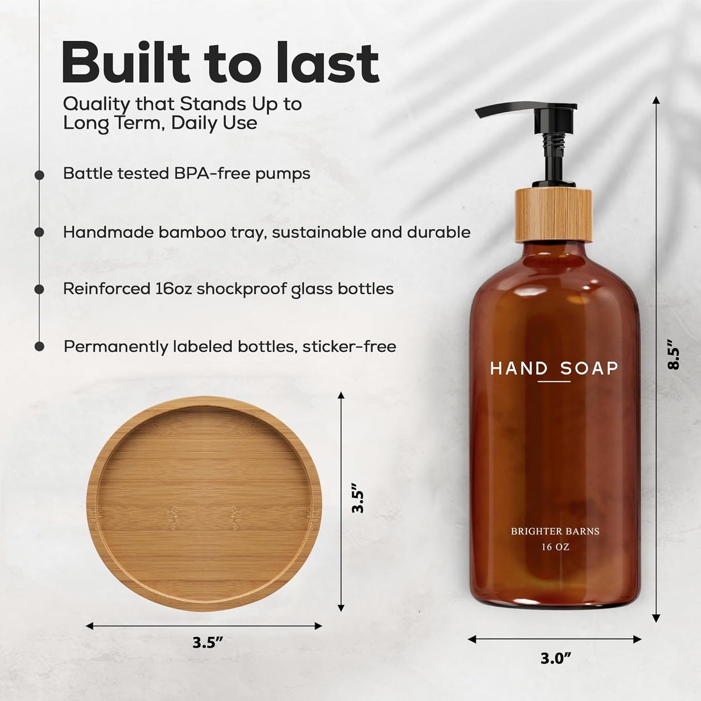 Amber Glass Hand Soap Dispenser Bathroom Set by Brighter Barns - Hand Soap Dispenser for Kitchen Sink & Bathroom - Bamboo Glass Bottle with Tray - Modern Home Decor for Spa, RV, Fitness Center (Amber)