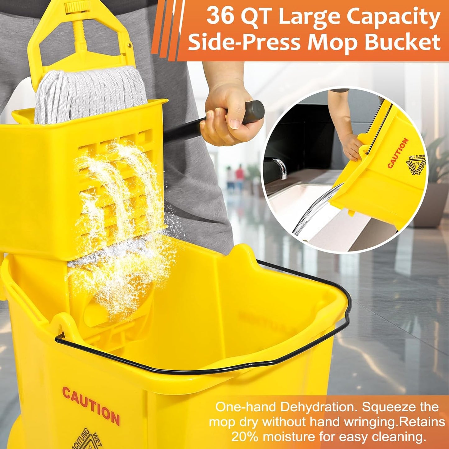 38 Qt Commercial Mop Bucket with Side Press Wringer on Wheels and Mops Set for Floor Cleaning,Including 1 Industrial Mop and Wet Floor Caution Sign,Yellow,Beyoco