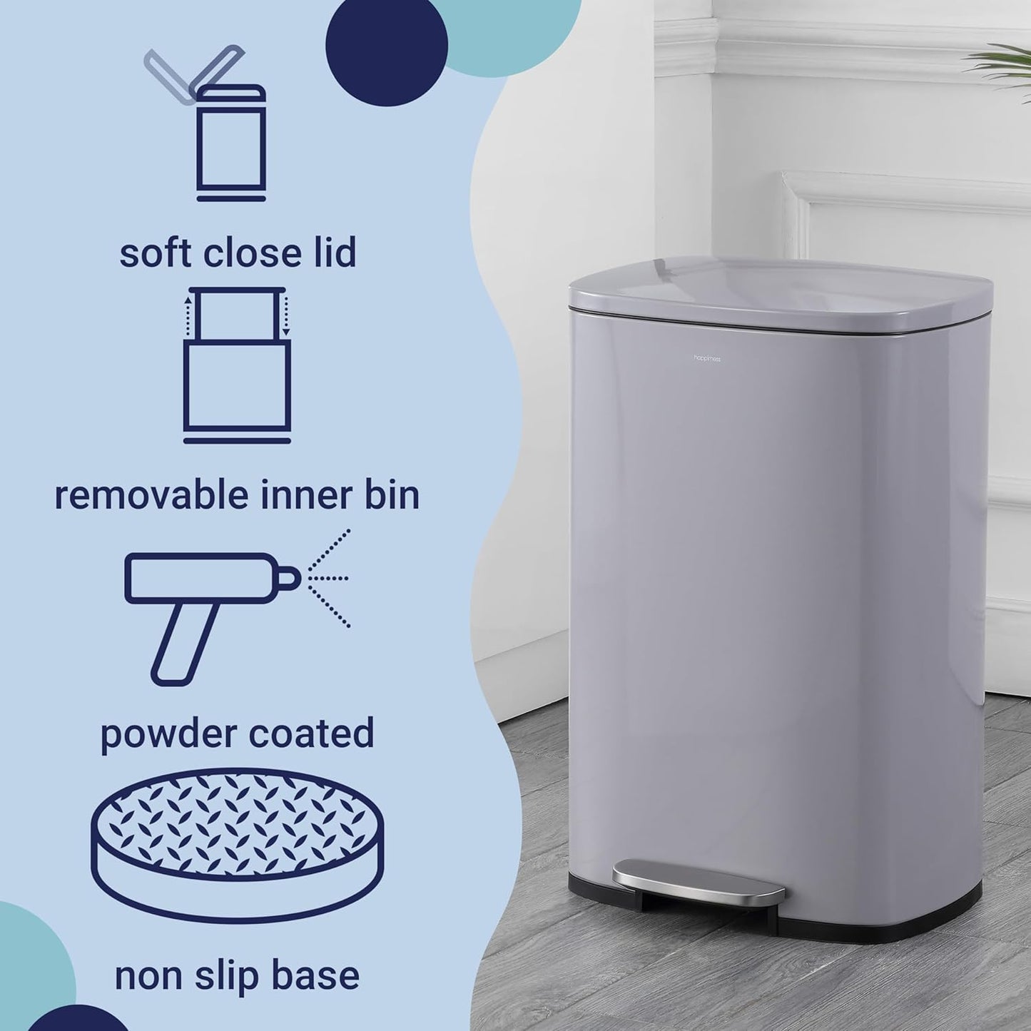 happimess HPM1006I Connor Rectangular 13-Gallon Trash Can with Soft-Close Lid and Free Mini Trash Can, Fingerprint Resistant, Modern, Minimalistic for Home, Kitchen, Office, Bathroom, Fog Gray