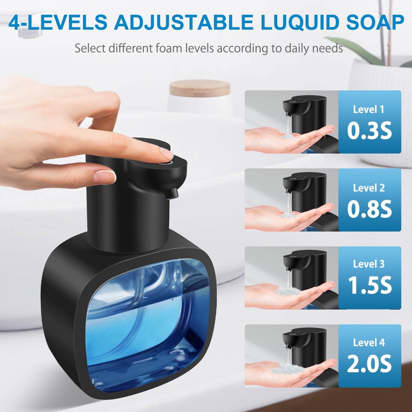 Automatic Liquid Soap Dispenser with 500ml /17oz Capacity, Touchless Soap Dispenser with 4 Level Adjustable, Rechargeable, Wall-Mounted, Waterproof for Kitchen, Bathroom, Hotel, Restaurant