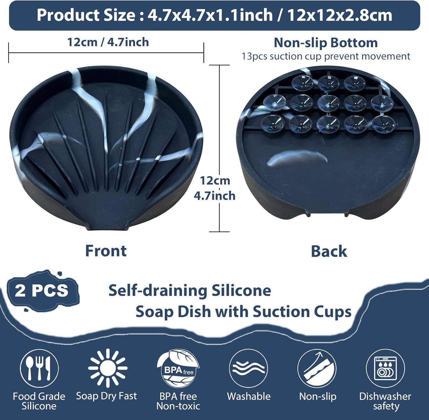 Self Draining Soap Dish, Silicone Suction Cup Soap Holder Tray Savers Container Sponge Holder for Bar Bathroom Shower Kitchen Sink, Can Extend Soap Life (1, Marble)