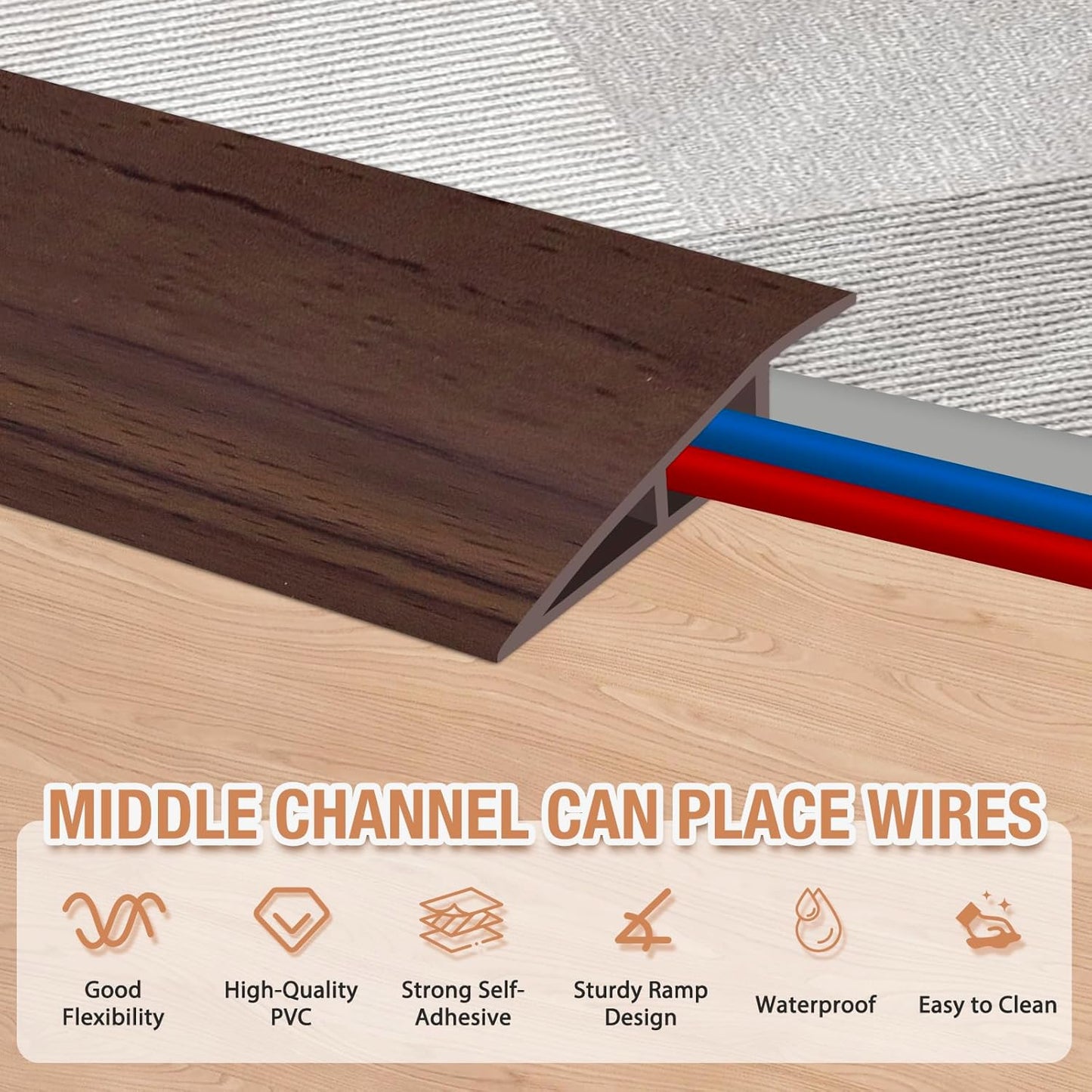 Floor Transition Strip Self Adhesive Vinyl Door Threshold for Doorways Carpet Edging Trim Overlap Edge Reducer for Laminate Floor, Carpet, Tile (Deep Brown Wood Grain, 2/5" to 3/5", 10Ft)