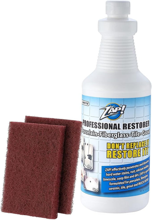 ZAP! Professional Tile & Grout Restorer | Cleans & Restores Porcelain, Fiberglass, Tile, & Grout Surfaces | Rust & Hard Water Remover | Kitchens & Bathroom Porcelain Sinks, Toilets, & Tubs