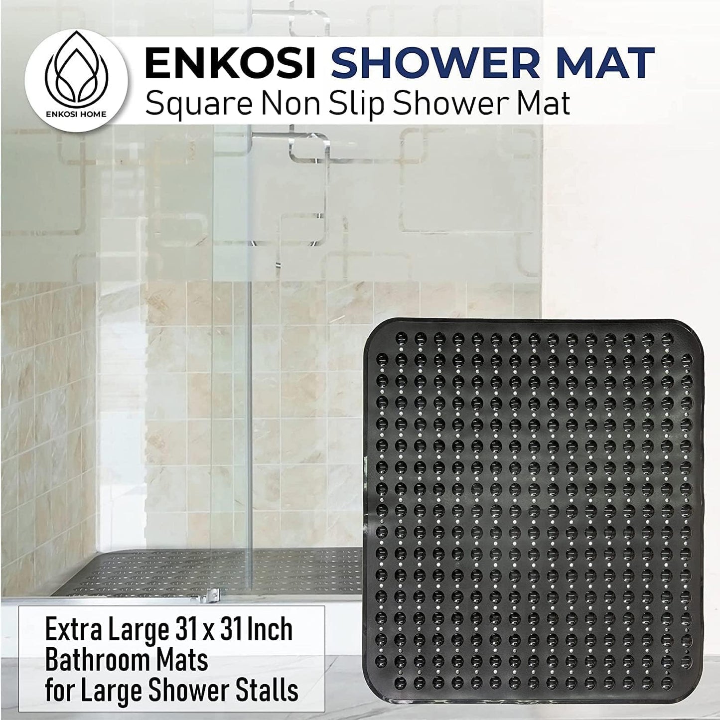 ENKOSI Extra Large Square Non Slip Shower Mat - 31 x 31-inch XL Bathroom Shower Mat - Square Shower Matts for Shower Stall Floors | Secure Suction Cups and Drain Holes (31x31 Mint Green)