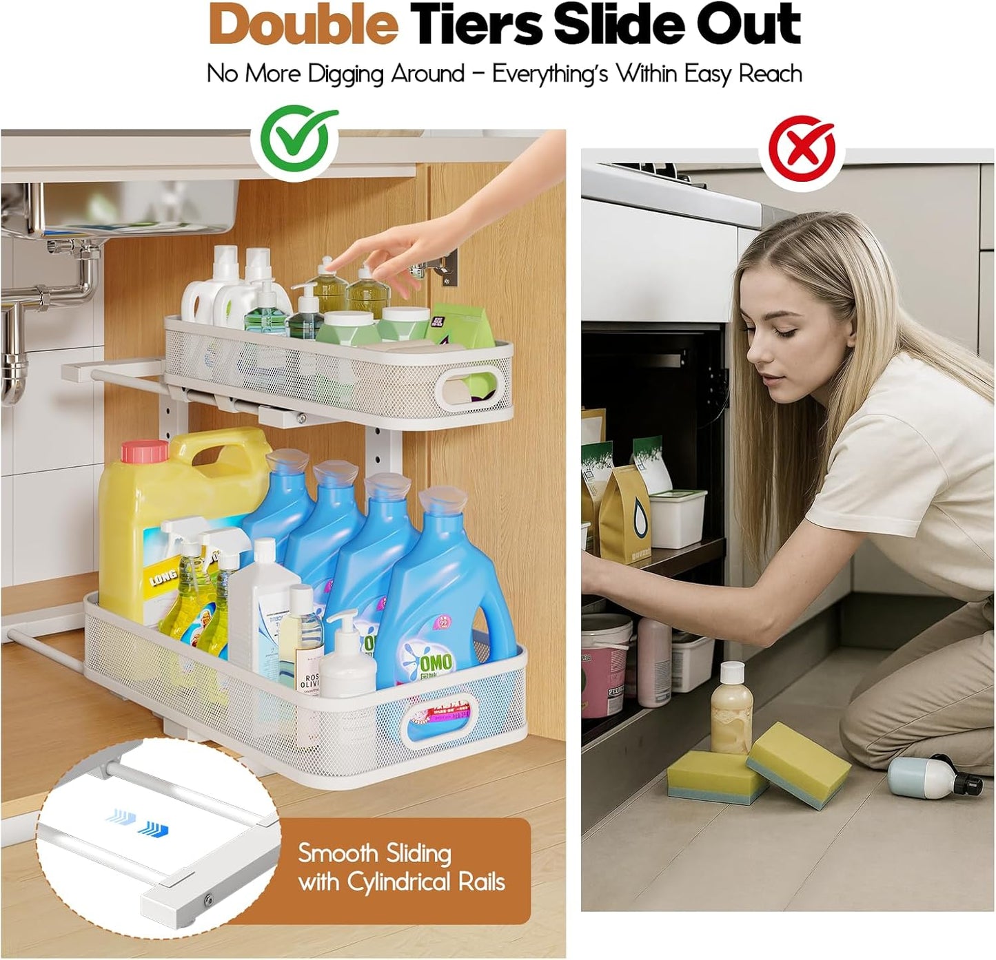 2 Pack 17.3IN-Depth Under Sink Organizer with Smooth Cylindrical Rail,2-Tier Pull Out Multi-Purpose Cabinet Storage for Bathroom&Kitchen,Height Adjustable,Rust-Resistant Coating-White