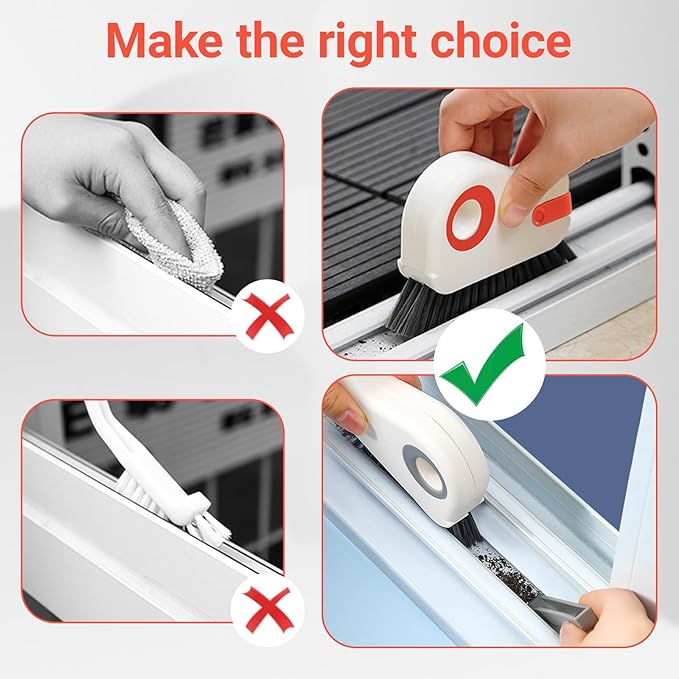 2 in 1 Groove Cleaning Brush Window Track Cleaning Tools, Multifunction Window Track Cleaner with Hard Bristle and Hidden Scraper, Crevice Brush for Sliding Door Track Window Seal Sill