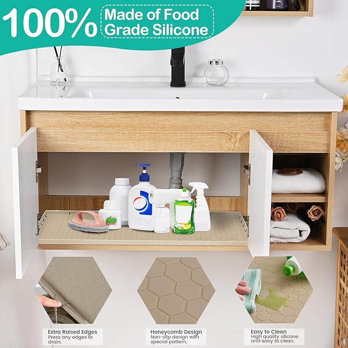 Waterproof Under Sink Mat 28" x 22", Silicone Cabinet Liner, Rubber Protector for Kitchen and Bathroom, Keeps Cabinets Clean, Dry, and Organized (Mint Green)