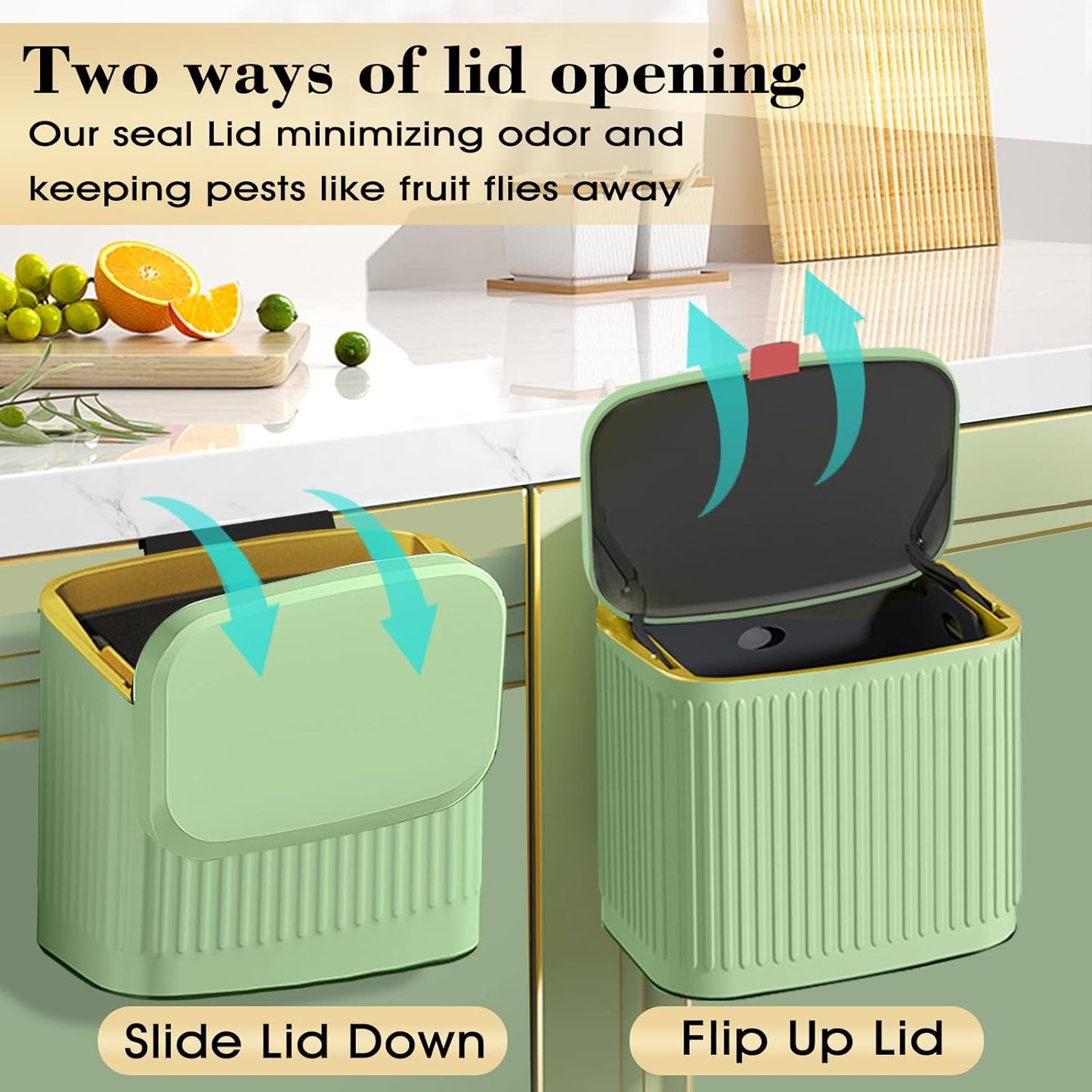 GloDeals Kitchen Small Trash Can with Lid, Compost Bin Countertop, Wall-Mounted Under Sink Hanging Trash Bin for Kitchen, Bathroom, Cabinet Trash Can (1.05 Gallon, 4L Vintage Green)