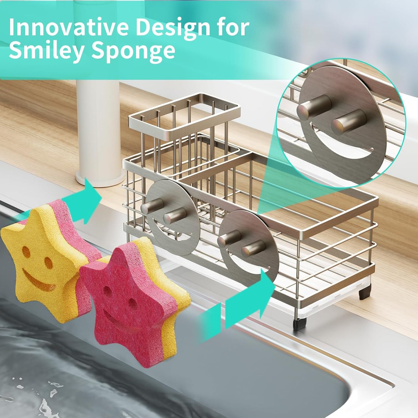 HapiRm Sink Caddy Sponge Holder - Self-draining Kitchen Sink Organizer with Smiley Face and Brush Holder, Stainless Steel Kitchen Sponge Caddy for Countertop - Brushed Nickel