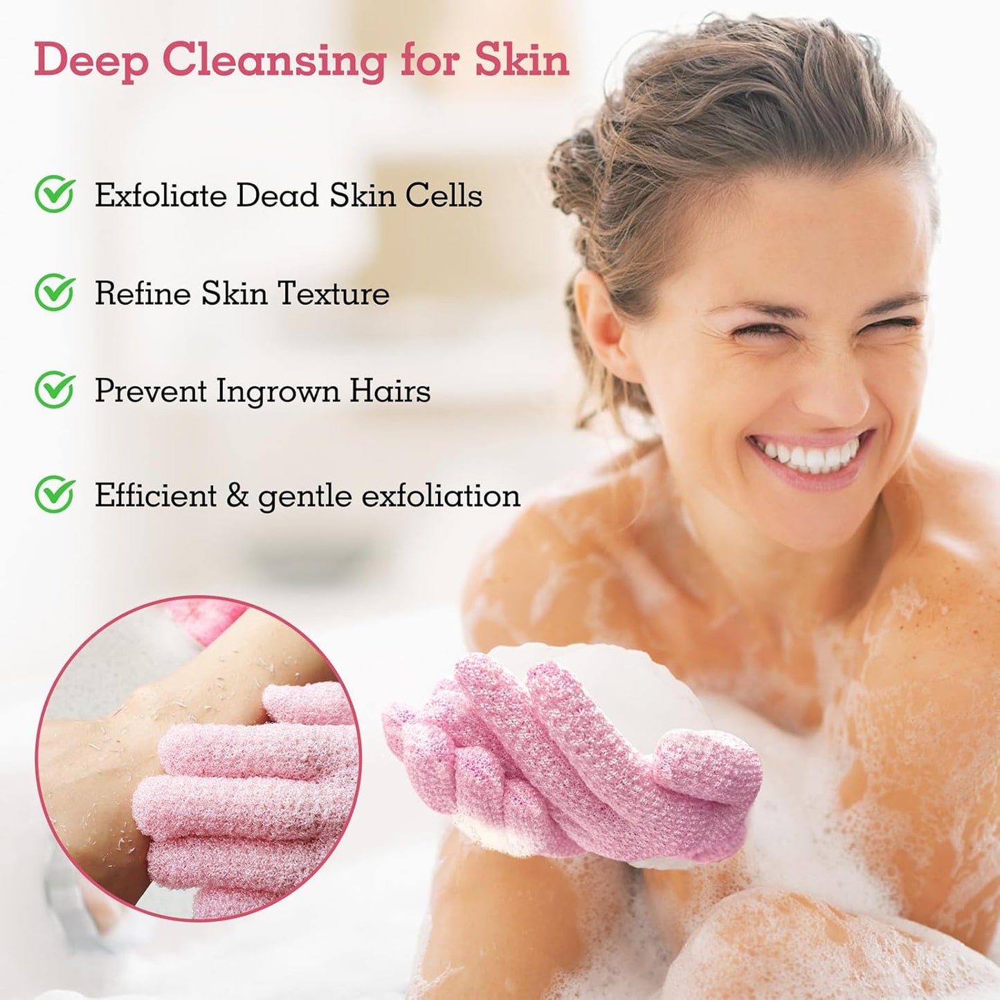 Evridwear Exfoliating Gloves for Shower, 100% Nylon Thick Soft Medium Heavy Bathing Gloves Dead Skin Remover Body Scrubber Smooth Skin with Hang Loop, 2 Pairs Moderate Pink