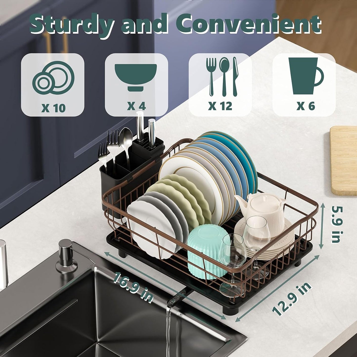 Iron Dish Drying Rack with Drainboard Dish Drainers for Kitchen Counter Extendable Spout Strainers with Utensil Holder and Knife Slots, Brown