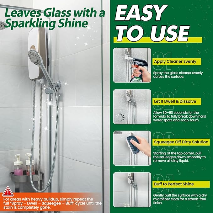 Shower Glass Cleaner, Glass Window & Mirror Cleaning Hard Water Stains Remover Removes Soap Scum/Water Spot/Fingerprint/Dirt with Squeegee & Towel for a Streak-Free Shine 6.8fl oz/200ml