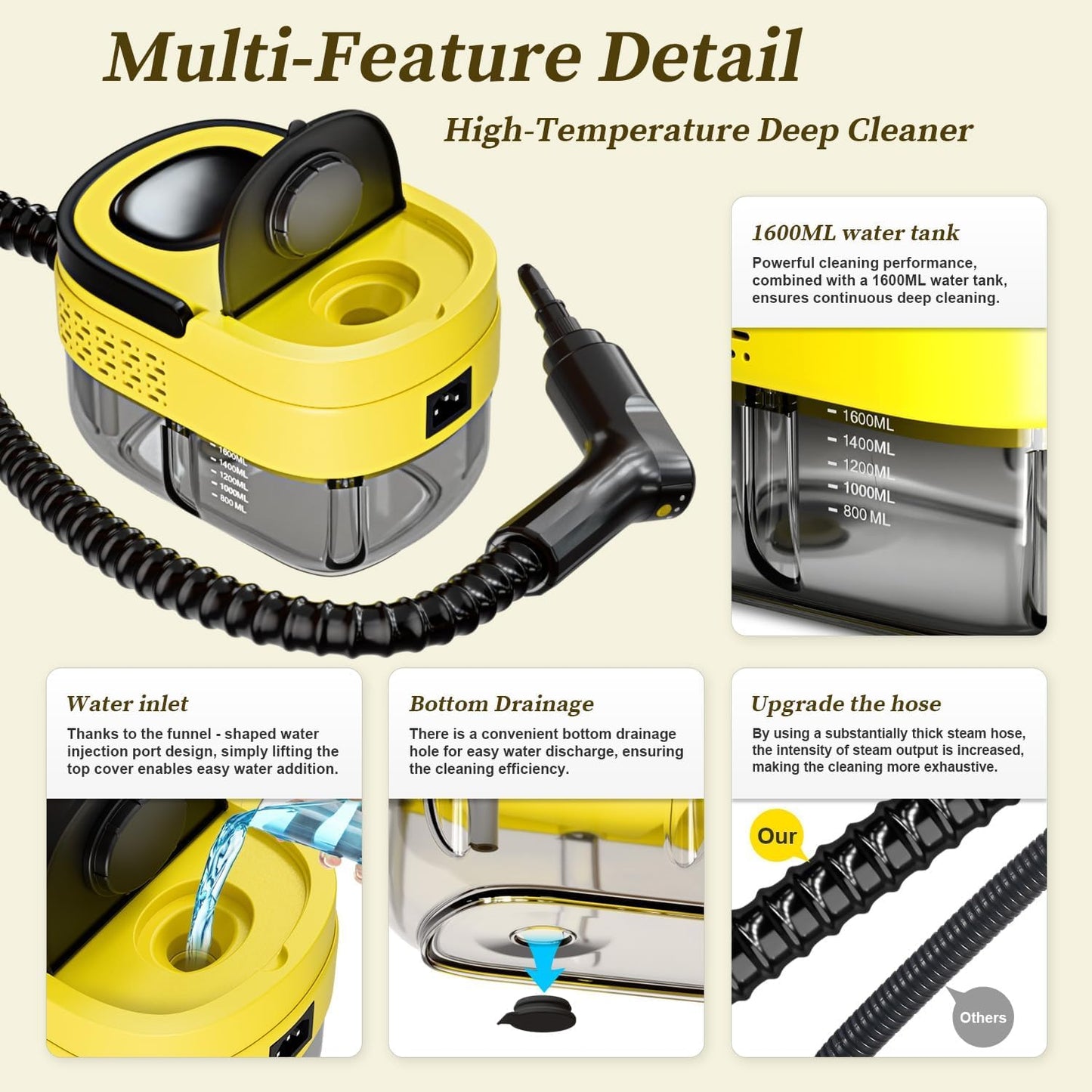 Steam Cleaner,15s Heat-Up,1.6L Tank,3-Level Adjustable Handle,2500W Steamer for Cleaning,Portable Steamer for Cleaning with 16PCS Accessories,Steam Cleaner for Home,Car,Dirt,Grease,Grout,Tile,Couch