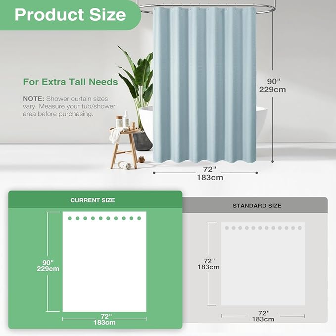 Dynamene Extra Long Fabric Shower Curtain - Waffle Weave 90 Inches Long Heavy Duty Cloth Shower Curtains for Bathroom, 256GSM Tall Hotel Luxury Bath Curtain Set with 12 Plastic Hooks, Fog Blue