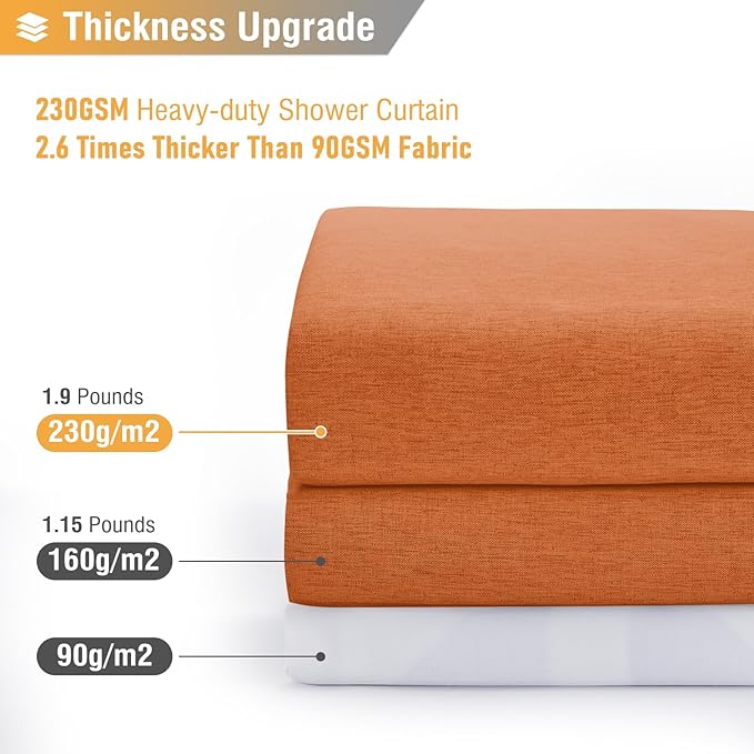 BTTN Extra Long Shower Curtain - 72x96 Inch Long Linen Textured Heavy Duty Fabric Shower Curtain Set with 12 Plastic Hooks, Tall Decorative Neutral Waterproof Shower Curtains for Bathroom, Orange