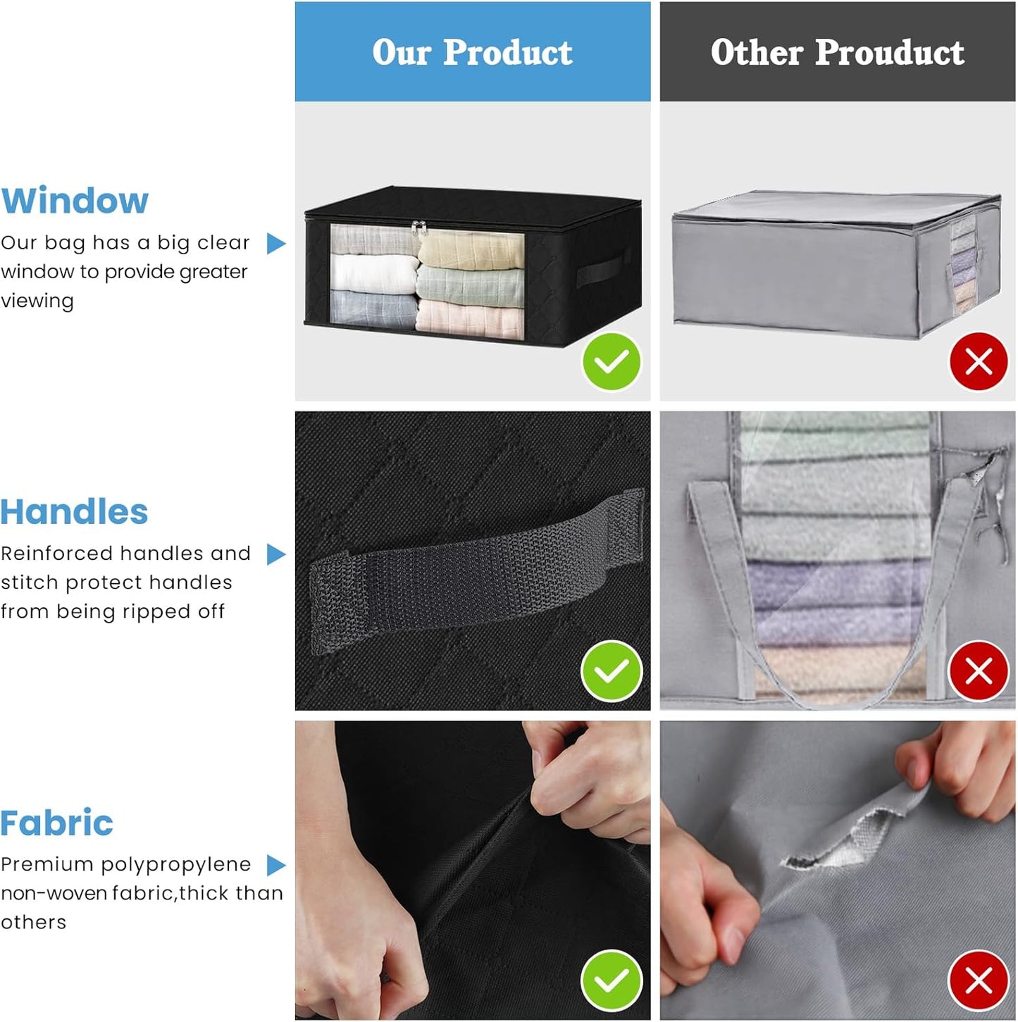 HomeHacks 6-Pack Clothes Organizer Storage Bags Foldable Storage Box with Large Clear Window Sturdy Handles for Closet, Dorm, Pillows, Bedding, Clothes, Stuffed Toys, Blankets, 35L, Black