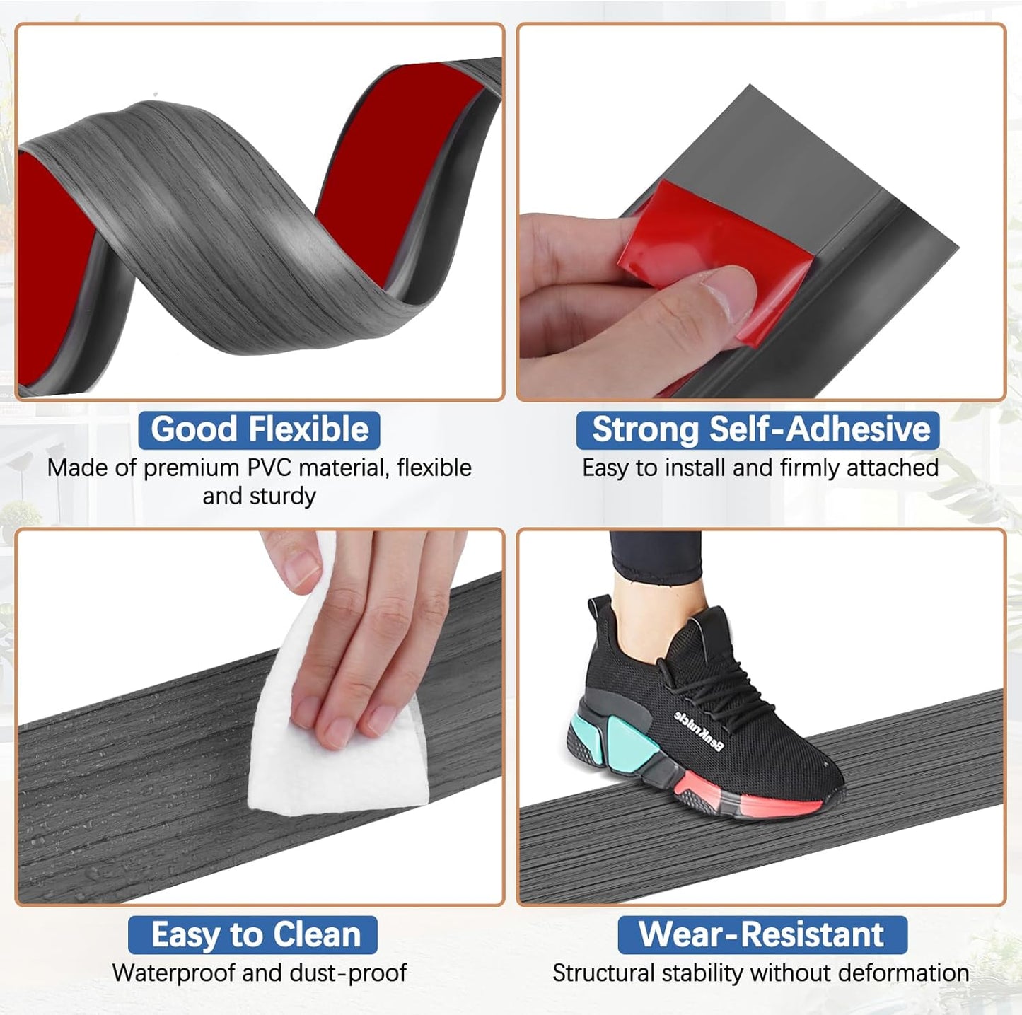 Vinyl Door Threshold Flooring Transition Strip Self Adhesive Carpet Edging Strip for Laminate Doorway Edge Threshold from 1/5" to 2/5" (Dark Gray Wood Grain, 6.6 Ft)