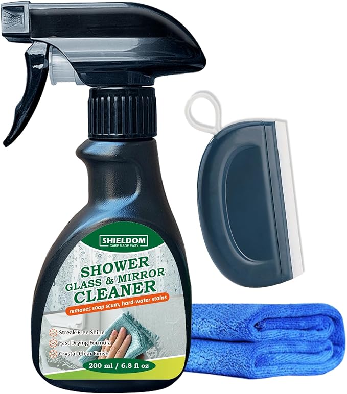 Shower Glass Cleaner, Glass Window & Mirror Cleaning Hard Water Stains Remover Removes Soap Scum/Water Spot/Fingerprint/Dirt with Squeegee & Towel for a Streak-Free Shine 6.8fl oz/200ml