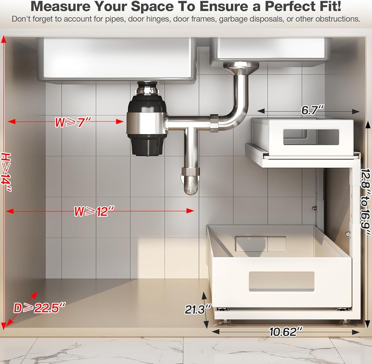 2 Pack 21.3IN-Depth Under Sink Organizer With Next-Gen Ball-Bearing Slides,2-Tier Pull Out Cabinet Storage,Height Adjustable Drawer Shelf for Bathroom,Kitchen,Laundry,Cabinet,Pantry-White