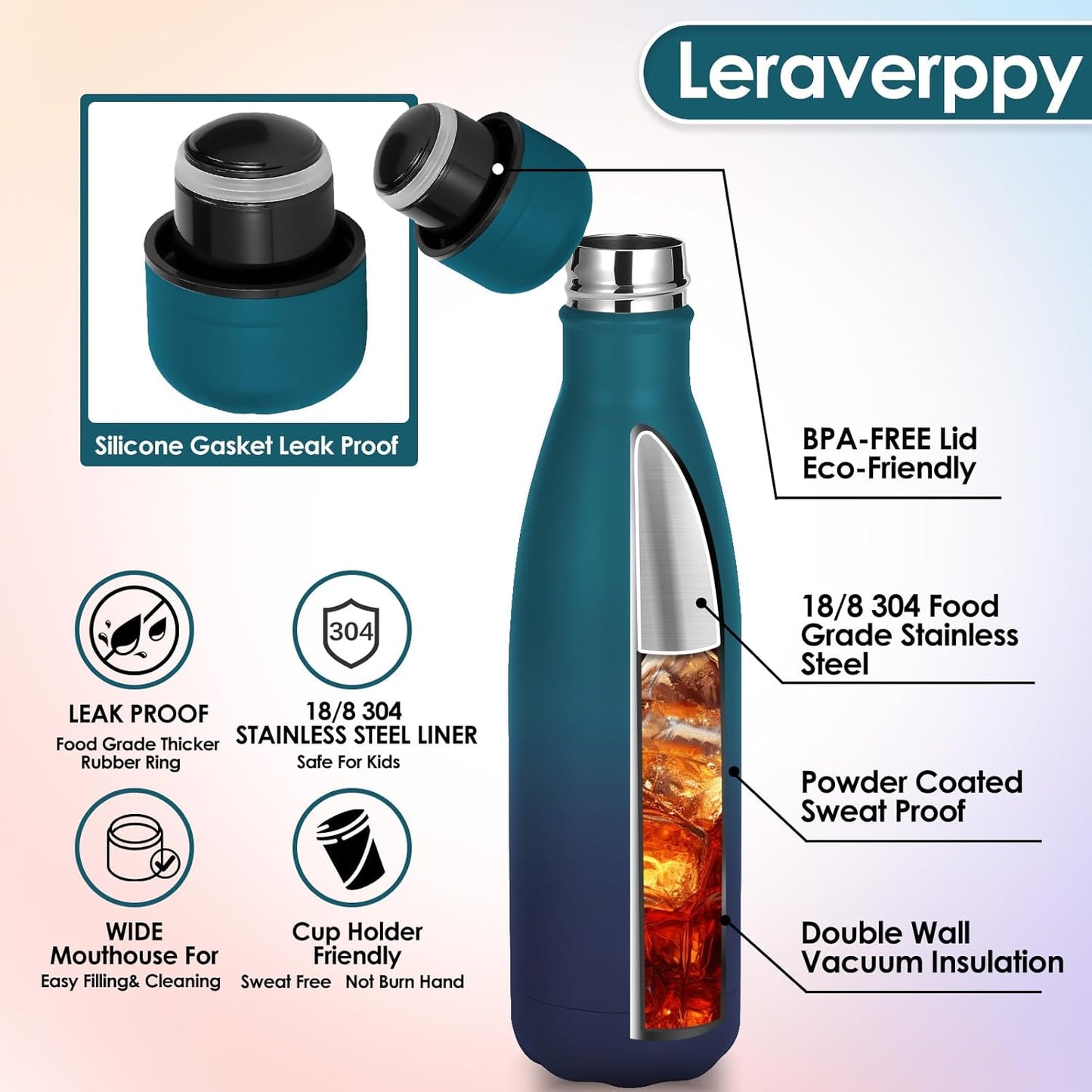 17oz Cola-Bottle Shaped Stainless Steel Leak-proof Water Bottle,Double Wall Vacuum Insulated Metal,Travel Mug For Sports Indoors & Outdoors,BPA-Free Kids Flasks,Dark Night(12 Pack)