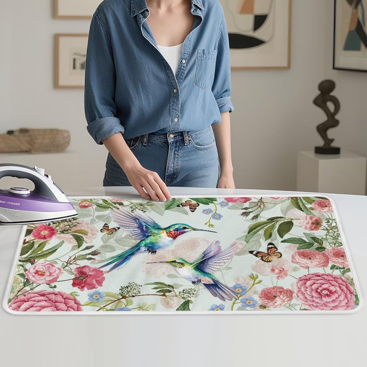 Ironing Mat Foldable Ironing Pad Portable Board Iron Board Alternative Cover,Hummingbird Floral Small Iron Mat for Table Top,Washer and Dryer 32 x 16 Inch