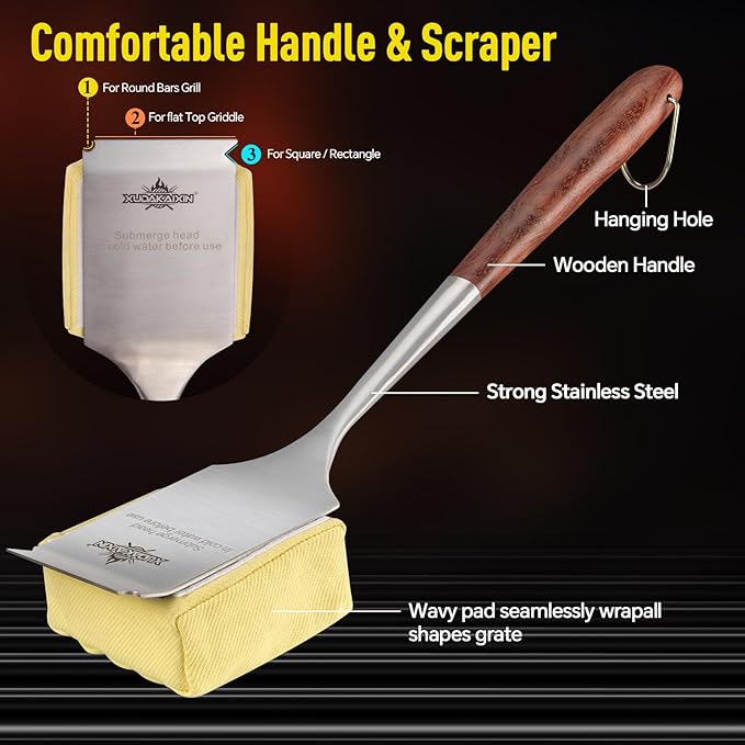 Bristle-Free Steam Cleaning Grill Brush,with Extended Luxurious Rosewood Handle,Unique Wavy Pad Seamless-Fit Cast Iron/Stainless-Steel Grates,Safe Grill Cleaner for Outdoor Grill
