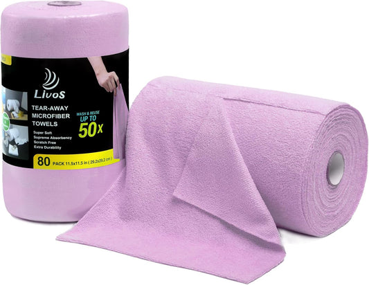 LIVOS Microfiber Cleaning Cloth Roll - 80 Pack, Reusable Paper Towels Purple Tear Away Towels, Microfiber Towels for Cars, Super Absorbent Lint Free Cleaning Rags for House,Kitchen,Window-11.5"x11.5"