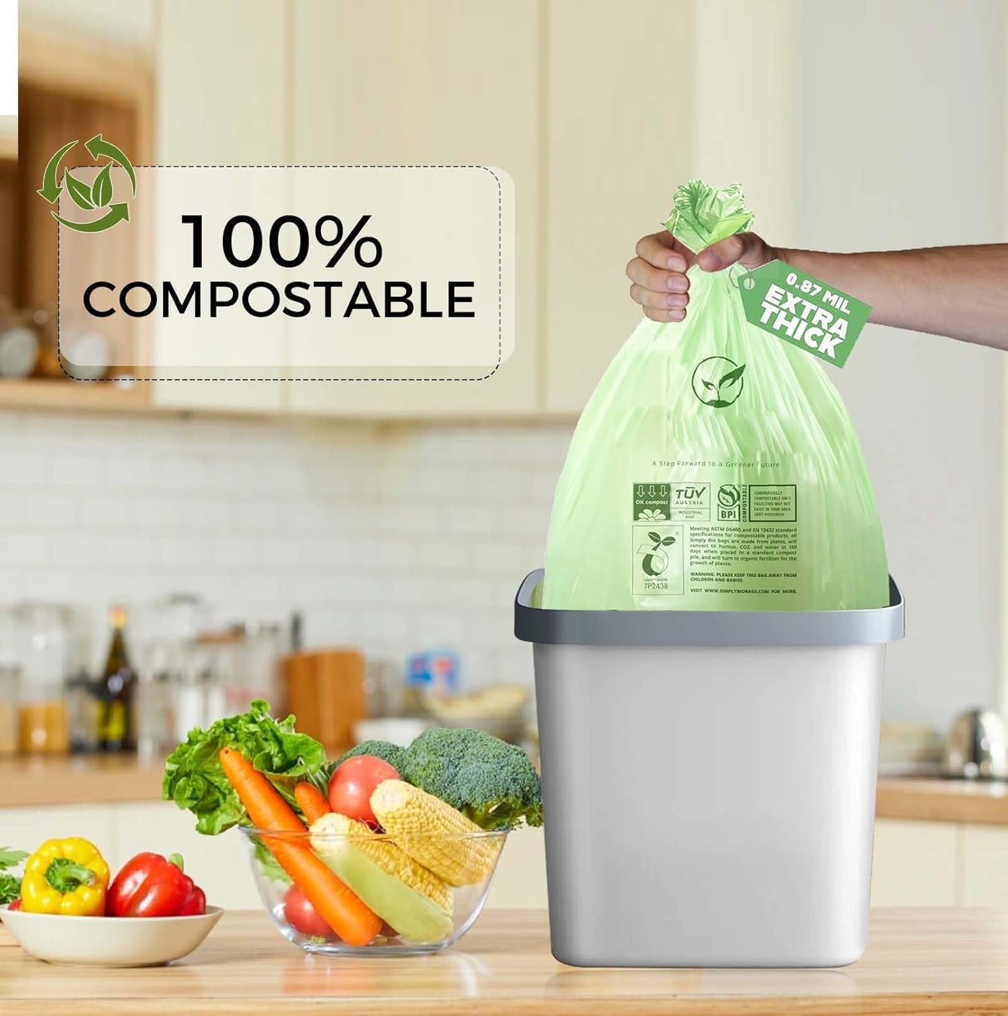 13 Gallon Compostable Trash Bags with Flat-Top, Thick 0.87 Mil, 49.21 Liter, 50 Bags, Tall Kitchen Food Scrap Waste Bag, ASTM D6400, US BPI and OK Compost Home Certified